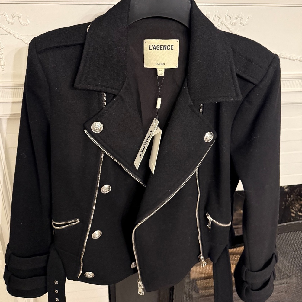 L'Agence NWT Wool Long Sleeves Black Biker Jacket Size L